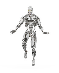 mega cyborg is floating and looking for action in white background