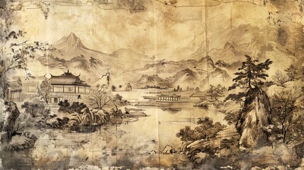 Vintage Asian Riverside. A Muted, Line Drawing Style Painting Capturing Scenes Along the River