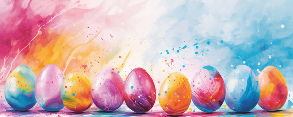 Vibrant colorful row of watercolor splatter easter eggs with copy space. Festive spring happy holidays greeting card, invitation or banner backdrop. 8k Panoramic Easter background illustration. - obrazy, fototapety, plakaty