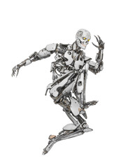 mega cyborg is jumping in action like a super hero in white background