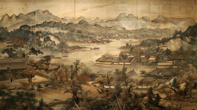 Chinese Meticulous Painting, A Tranquil Depiction of Rural Landscape with Exquisite Detailing