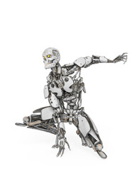 mega cyborg is ready to jump in action like a super hero in white background