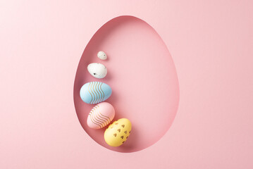 Celebratory Easter idea: top view of assorted eggs seen through an egg-shaped cutout on a delicate pink backdrop, with empty space for words