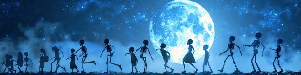 Skeletons in the path of the moon, Cartoonish Skeletons Under Moonlight