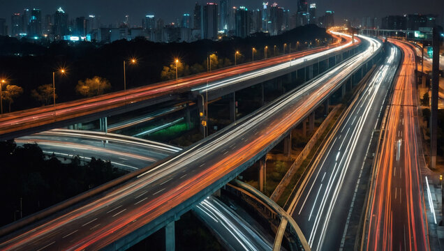 Cityscape with streaks of car lights on a busy highway, capturing the rhythm of urban life. © Kasper