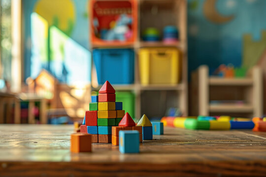 Colorful wooden blocks arranged on a wooden table in a children's playroom with natural light