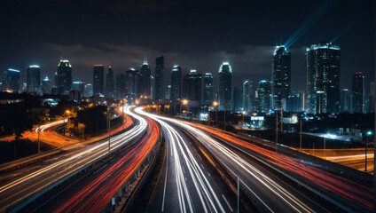Cityscape with streaks of car lights on a busy highway, capturing the rhythm of urban life.