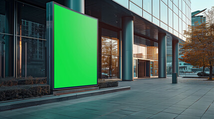 Green screen billboard next to a building's entrance