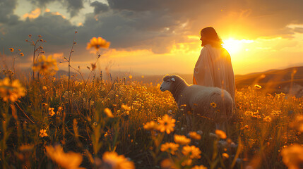 photo of Jesus and a sheep with sunlight in the background