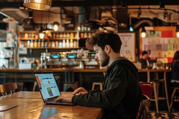 Male working with computer laptop on wood bar in cafe.Business lifestyle concepts .Digital marketing concepts with male working with computer laptop showing data interface for processing