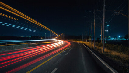 Fototapeta na wymiar High-speed traffic on a night road, long exposure shot with streaks of light. 
