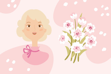 Cute greeting card or poster design for Spring holiday. International women's day or Mother's day card design. Pretty woman and bouquet of flowers. Vector illustration.