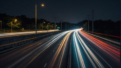 Fototapeta na wymiar High-speed traffic on a night road, long exposure shot with streaks of light.
