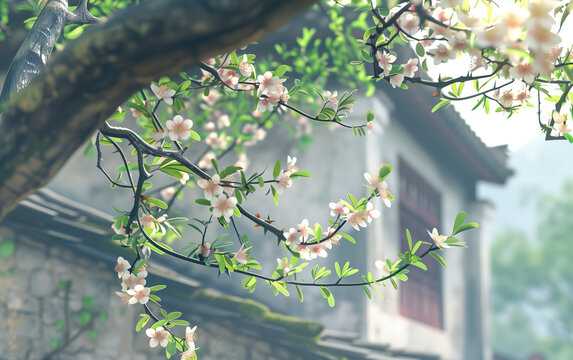 An ancient Chinese town full of flowers in spring,created with Generative AI tecnology.
