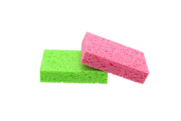 colorful two dishwashing sponge on white background closeup,isolated