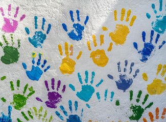 Children handprints on white wall