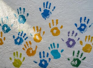 Children handprints on white wall