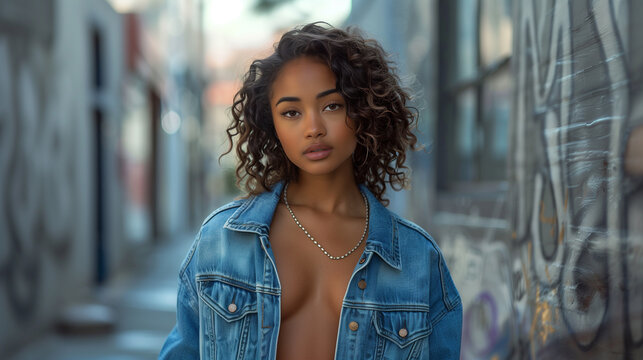 Young black girl dressed in denim jacket  on a graffiti street. Urban photography.