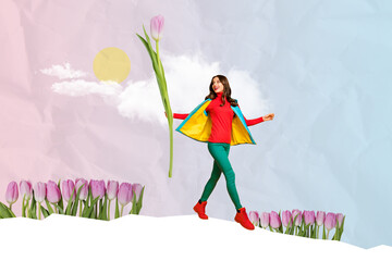 Creative collage image of walking girl flowers warm jacket spring international woman day postcard...