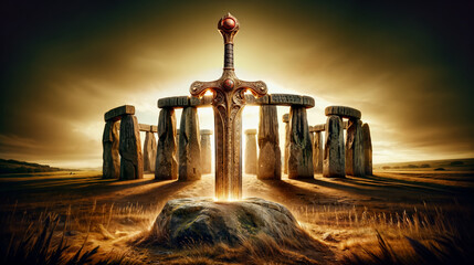 Excalibur - The Sword in the Stone. Majestic, ornate sword stands embedded in stone against iconic backdrop of Stonehenge, captured at sunset, evoking legends, heroism, power, and mystery.
