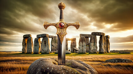 Excalibur - The Sword in the Stone. Majestic, ornate sword stands embedded in stone against iconic backdrop of Stonehenge, captured at sunset, evoking legends, heroism, power, and mystery.