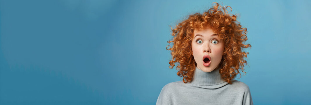 Portrait of surprised curly woman biting her lips and looking with wide open eyes with a curious expression, wearing a casual gray jumper, isolated on blue background. Human facial expression concept