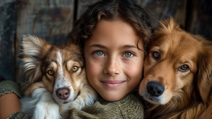 A joyful girl with sparkling eyes is cuddled up between two affectionate fluffy dogs, sharing a moment of happiness.