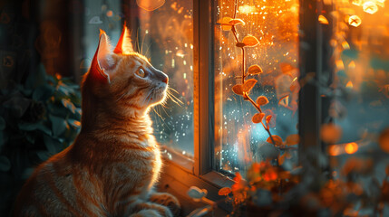 A contemplative orange cat sits by a window, watching the raindrops fall on a cozy, golden evening.
