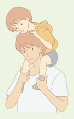 Happy family father and toddler son playing, riding piggy back. Dad carrying son. Hand drawn flat cartoon character vector illustration.