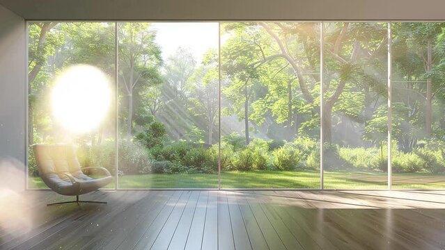 modern elegant living room with large window and garden view. green garden view living room interior in modern house. seamless looping overlay 4k virtual video animation background