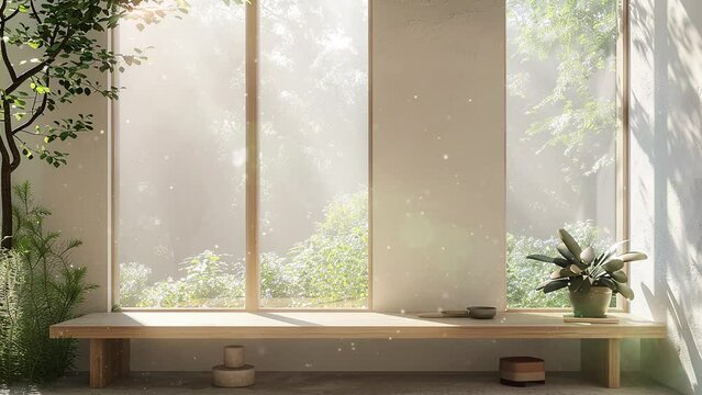 side window seat 3d render-there are white roomwood. seamless looping overlay 4k virtual video animation background
