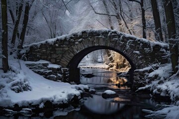 Nighttime snow on an old stone bridge