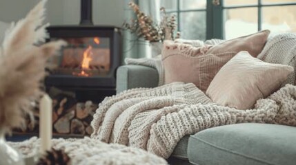 Cozy snug home interior - warm and inviting living space highlighted by a roaring fireplace, soft candles, and plush knitted blankets, embodying comfort and tranquility