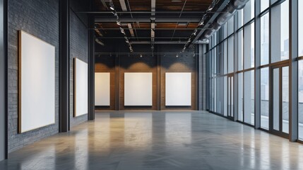A spacious art gallery interior featuring blank white canvases on a clean, well-lit wall, ready for exhibition, with polished concrete floors and large windows.