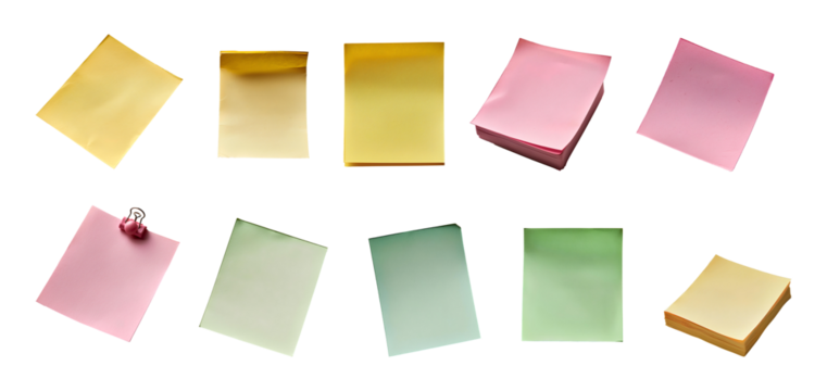 Multicolor sticky notes set PNG. Colorful post it notes isolated. Adhesive paper as office supplies. Yellow sticky note PNG. Pink sticky note flat lay. Green sticky note PNG