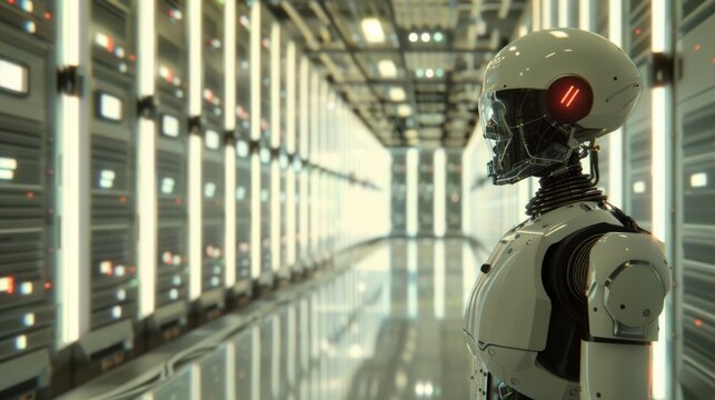 A humanoid robot with a detailed mechanical design stands in a data center, representing the fusion of human-like artificial intelligence with advanced technology.