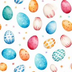 Fototapeta na wymiar Seamless patterns of watercolor Easter painted eggs with patterns and floral accents on a white background.