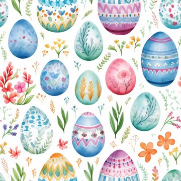Seamless patterns of watercolor Easter painted eggs with patterns and floral accents on a white background.