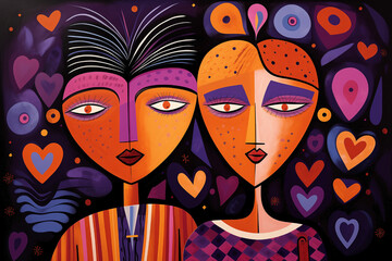 Extraordinary duo with hearts in expressionist, abstract and contemporary style. Caricature faces and playful juxtapositions mixing of masculine and feminine elements. Love and relationships.