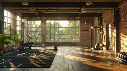 An empty gym fitness room with a loft design flooded with natural daylight from large windows
