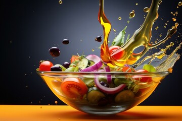 Olive oil drizzle caught in motion above a colorful salad bowl