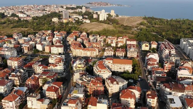General drone of houses in the new town Nessebar on the Black Sea coast of Bulgaria. Panoramic aerial view. Sunny Beach area of Bulgaria. Drone view from above. Summer holidays destination