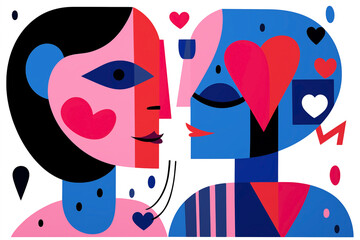 Unusual partners with hearts in expressionist, abstract and contemporary style. Caricature faces and playful juxtapositions mixing of masculine and feminine elements. Love and relationships.