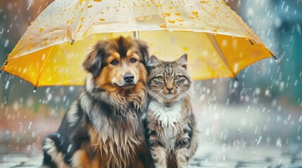 Cats and dogs get along well sheltering from the rain under one umbrella - obrazy, fototapety, plakaty