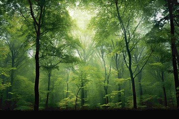 Panoramic shot of a forest, focus on the budding treetops