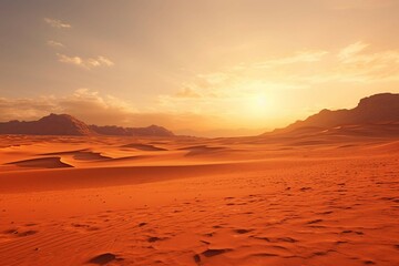 Panoramic view of a desert landscape at sunrise, with the sun casting long shadows and warm hues