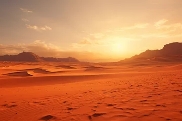 Photo sur Aluminium Brique Panoramic view of a desert landscape at sunrise, with the sun casting long shadows and warm hues