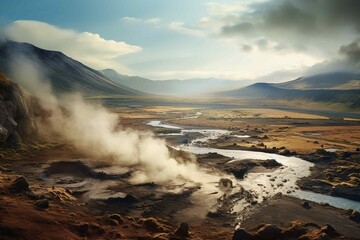 Panoramic view of a volcanic valley with geothermal activity