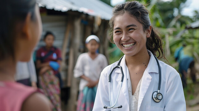 A doctor volunteering in a remote village, providing essential medical care and health education to underserved populations — caring and love, mercy and kindness, happiness and joy