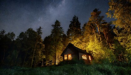Fototapeta premium A forest house in the woods glowing at night, beautiful night sky full of stars